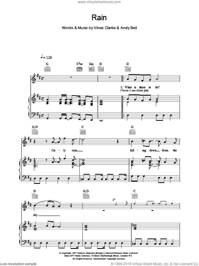 Rain sheet music for voice, piano or guitar by Erasure, Bell,Andy and Vince Clarke, intermediate skill level