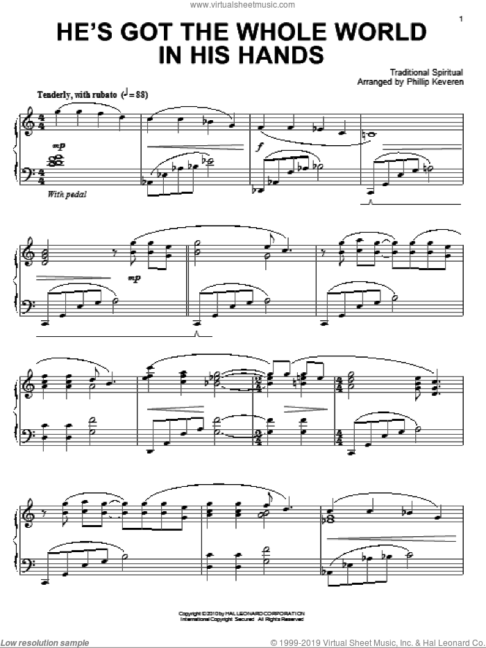 He's Got The Whole World In His Hands (arr. Phillip Keveren) sheet music for piano solo  and Phillip Keveren, intermediate skill level