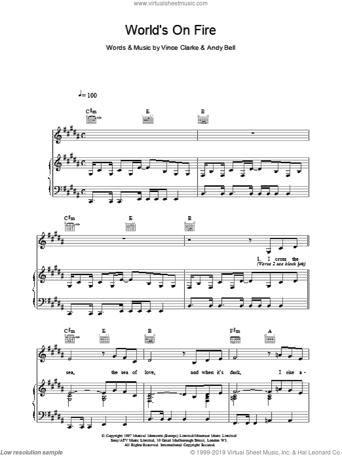 World's On Fire sheet music for voice, piano or guitar by Erasure, Bell,Andy and Vince Clarke, intermediate skill level