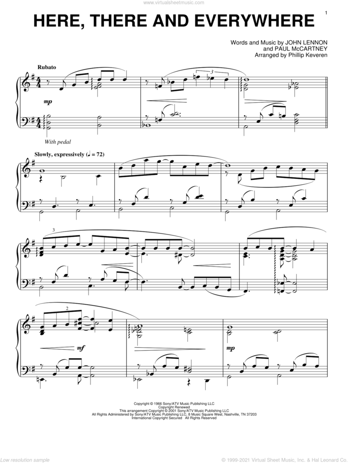 Here, There And Everywhere (arr. Phillip Keveren) sheet music for piano solo by The Beatles, Phillip Keveren, John Lennon and Paul McCartney, wedding score, intermediate skill level