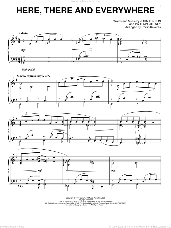 Here, There And Everywhere (arr. Phillip Keveren) sheet music for piano solo by The Beatles, Phillip Keveren, John Lennon and Paul McCartney, wedding score, intermediate skill level