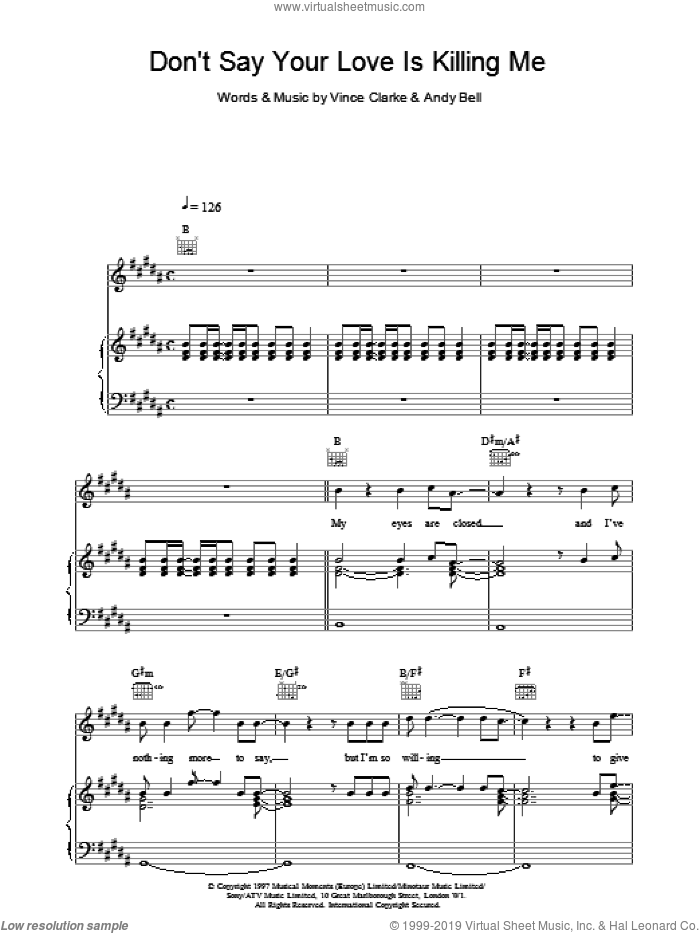 Don't Say Your Love Is Killing Me sheet music for voice, piano or guitar by Erasure, Bell,Andy and Vince Clarke, intermediate skill level