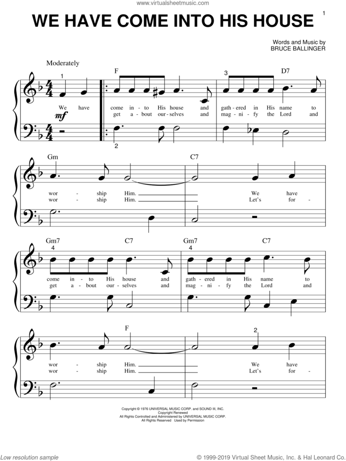 We Have Come Into His House sheet music for piano solo (big note book) by Bruce Ballinger, easy piano (big note book)
