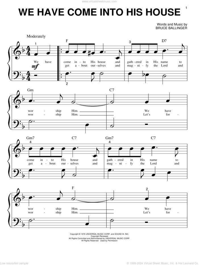 We Have Come Into His House sheet music for piano solo (big note book) by Bruce Ballinger, easy piano (big note book)