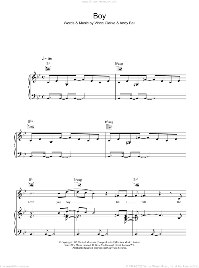 Boy sheet music for voice, piano or guitar by Erasure, Andy Bell, Bell,Andy and Vince Clarke, intermediate skill level