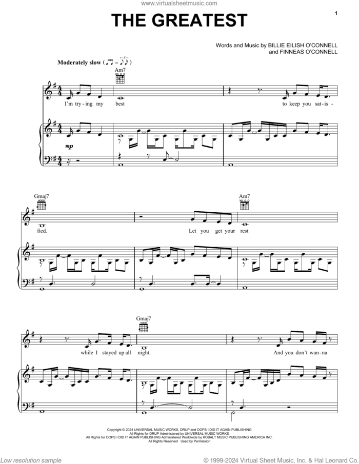 THE GREATEST sheet music for voice, piano or guitar by Billie Eilish, intermediate skill level