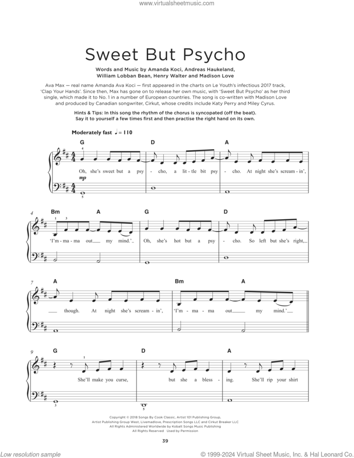 Sweet But Psycho, (beginner) sheet music for piano solo by Ava Max, Amanda Koci, Andreas Haukeland, Henry Walter, Madison Love and William Lobban Bean, beginner skill level