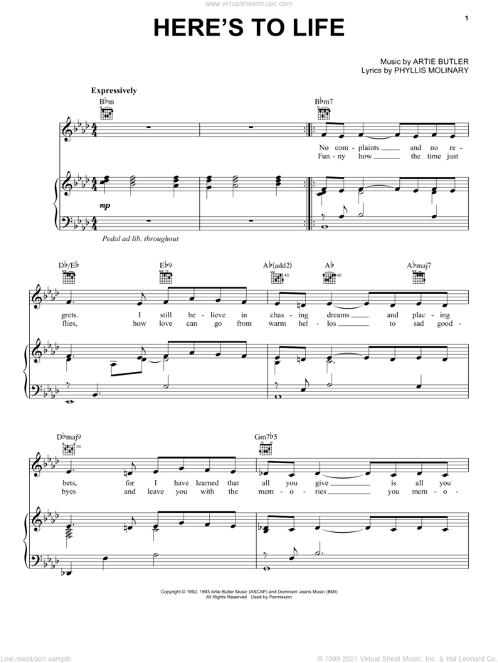 Here's To Life sheet music for voice, piano or guitar by Shirley Horn, Artie Butler and Phyllis Molinary, intermediate skill level