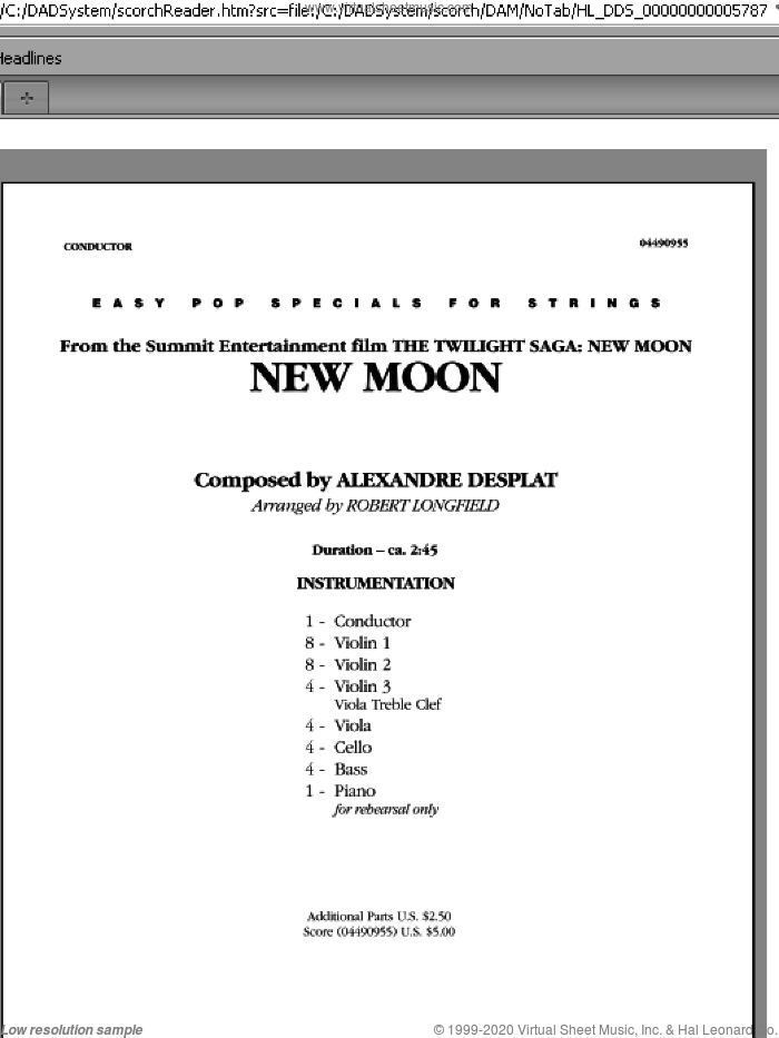 New Moon (The Meadow) (COMPLETE) sheet music for orchestra by Robert Longfield and Alexandre Desplat, intermediate skill level