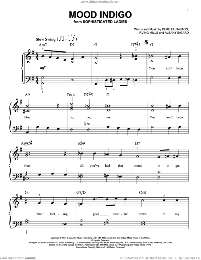 Mood Indigo, (easy) sheet music for piano solo by Duke Ellington, Albany Bigard and Irving Mills, easy skill level