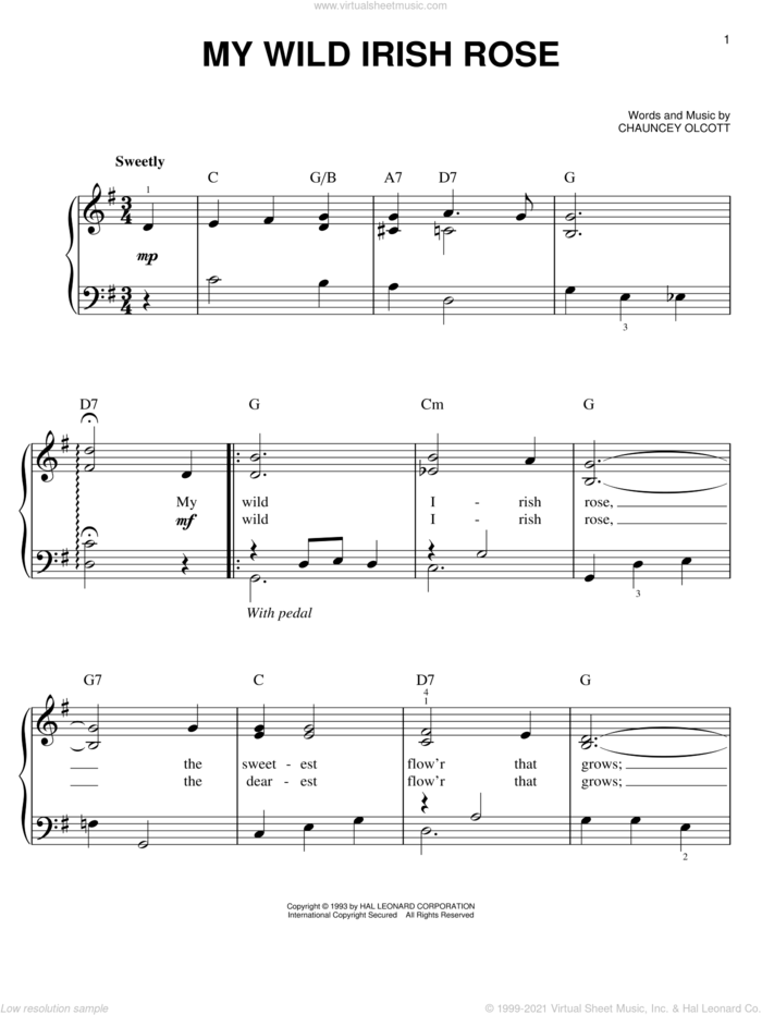 My Wild Irish Rose sheet music for piano solo by Chauncey Olcott, easy skill level