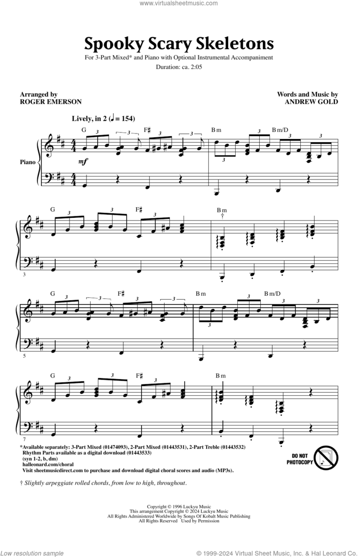 Spooky Scary Skeletons (arr. Roger Emerson) sheet music for choir (3-Part Mixed) by Andrew Gold and Roger Emerson, intermediate skill level