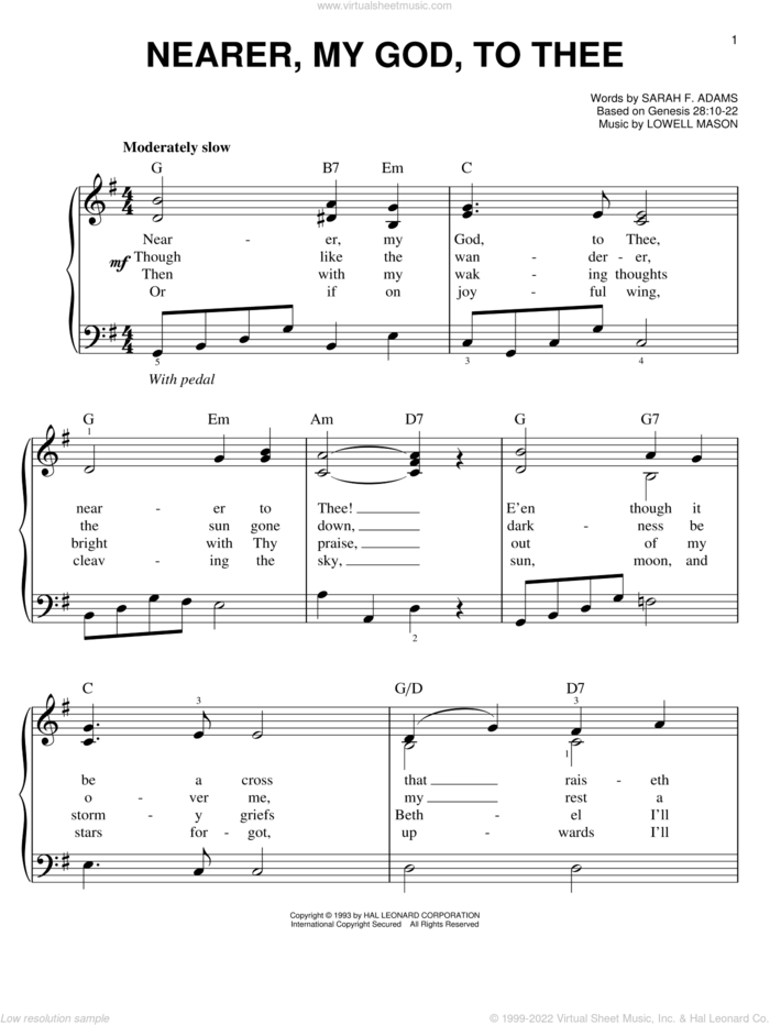 Nearer, My God, To Thee, (easy) sheet music for piano solo by Sarah F. Adams and Lowell Mason, easy skill level