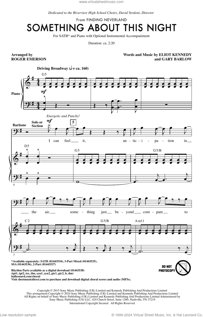 Something About This Night (from Finding Neverland) (arr. Roger Emerson) sheet music for choir (SATB: soprano, alto, tenor, bass) by Gary Barlow, Roger Emerson and Eliot Kennedy, intermediate skill level