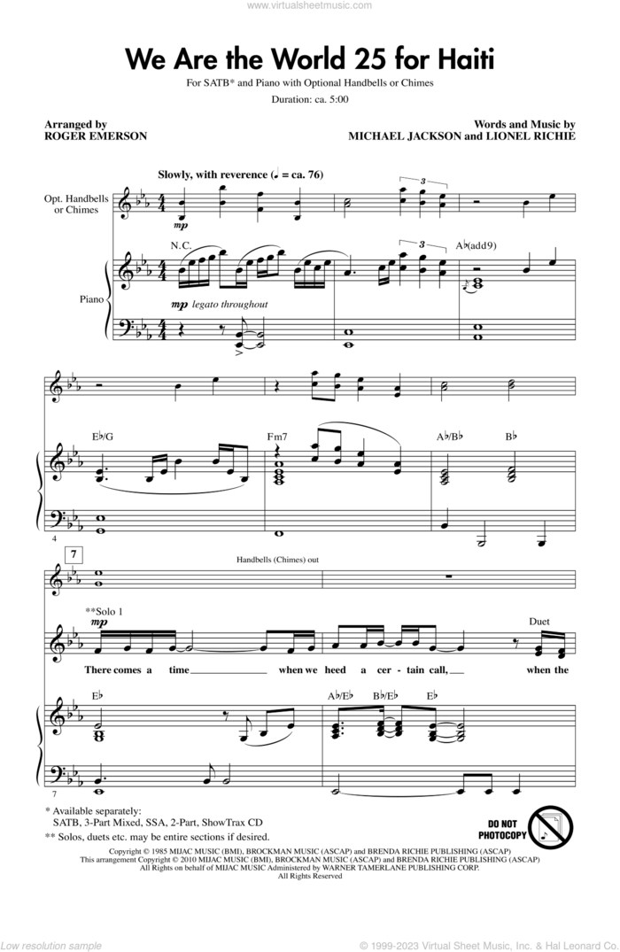 We Are The World 25 For Haiti sheet music for choir (SATB: soprano, alto, tenor, bass) by Michael Jackson, Lionel Richie, Artists For Haiti and Roger Emerson, intermediate skill level