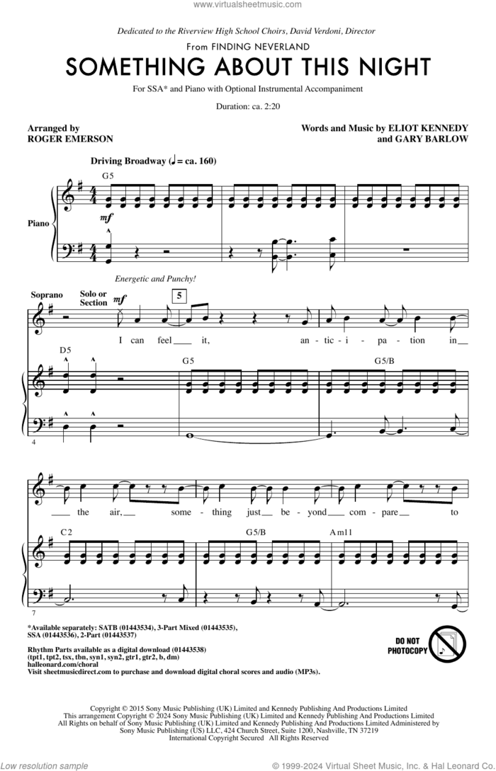 Something About This Night (from Finding Neverland) (arr. Roger Emerson) sheet music for choir (SSA: soprano, alto) by Gary Barlow, Roger Emerson and Eliot Kennedy, intermediate skill level