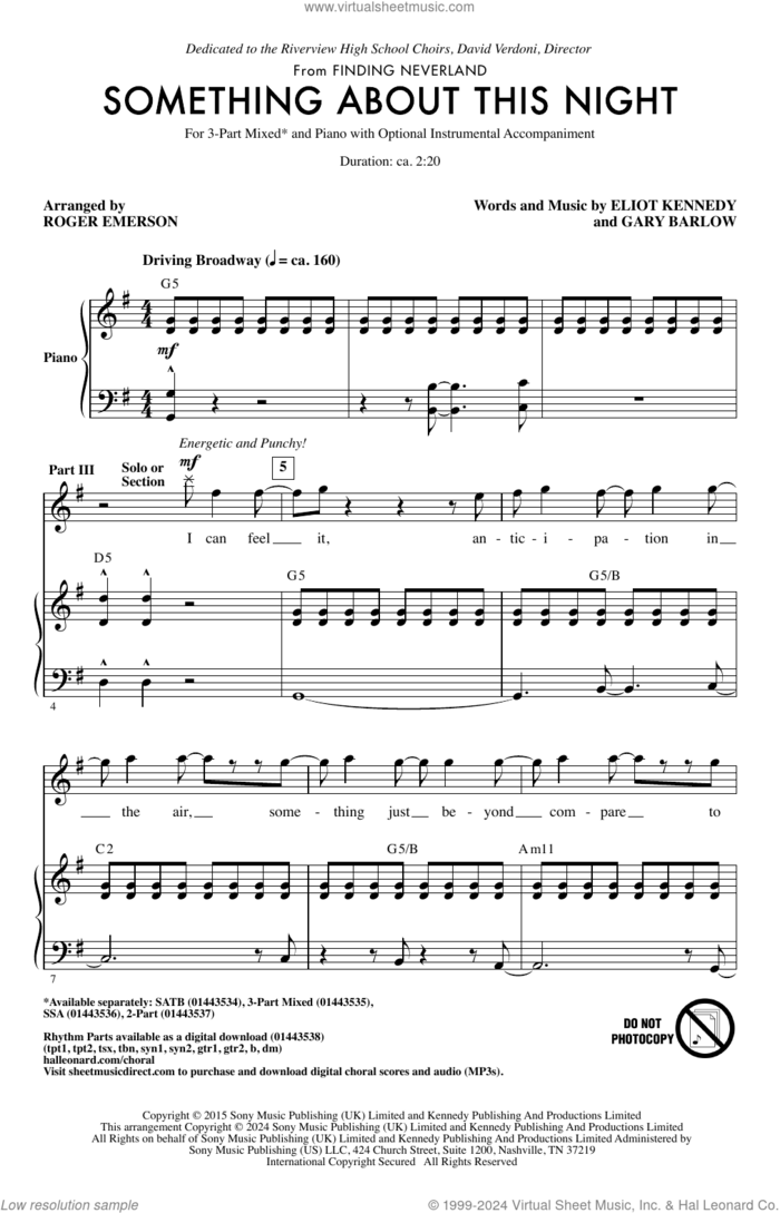 Something About This Night (from Finding Neverland) (arr. Roger Emerson) sheet music for choir (3-Part Mixed) by Gary Barlow, Roger Emerson and Eliot Kennedy, intermediate skill level