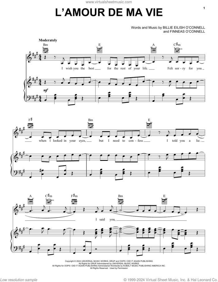 L'AMOUR DE MA VIE sheet music for voice, piano or guitar by Billie Eilish, intermediate skill level
