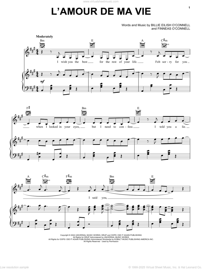 L'AMOUR DE MA VIE sheet music for voice, piano or guitar by Billie Eilish, intermediate skill level