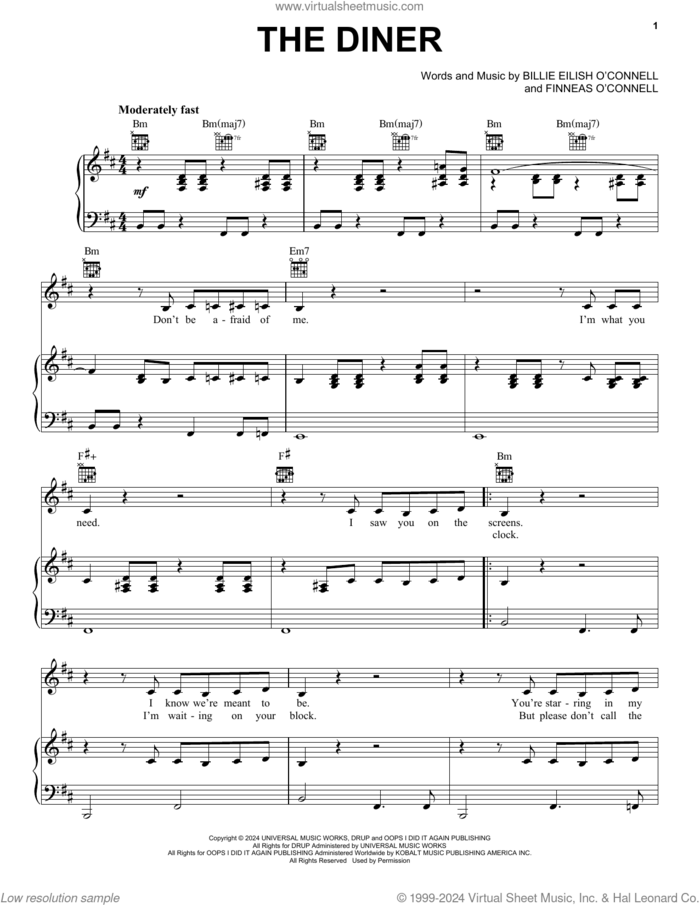 THE DINER sheet music for voice, piano or guitar by Billie Eilish, intermediate skill level