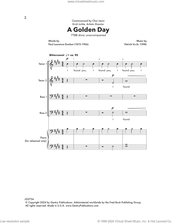 A Golden Day sheet music for choir (TTBB: tenor, bass) by Patrick Vu and Paul Laurence Dunbar, intermediate skill level