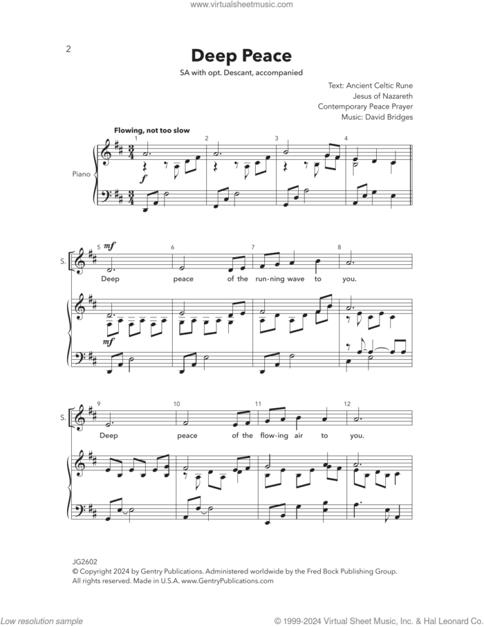 Deep Peace sheet music for choir (SA) by David Bridges, intermediate skill level