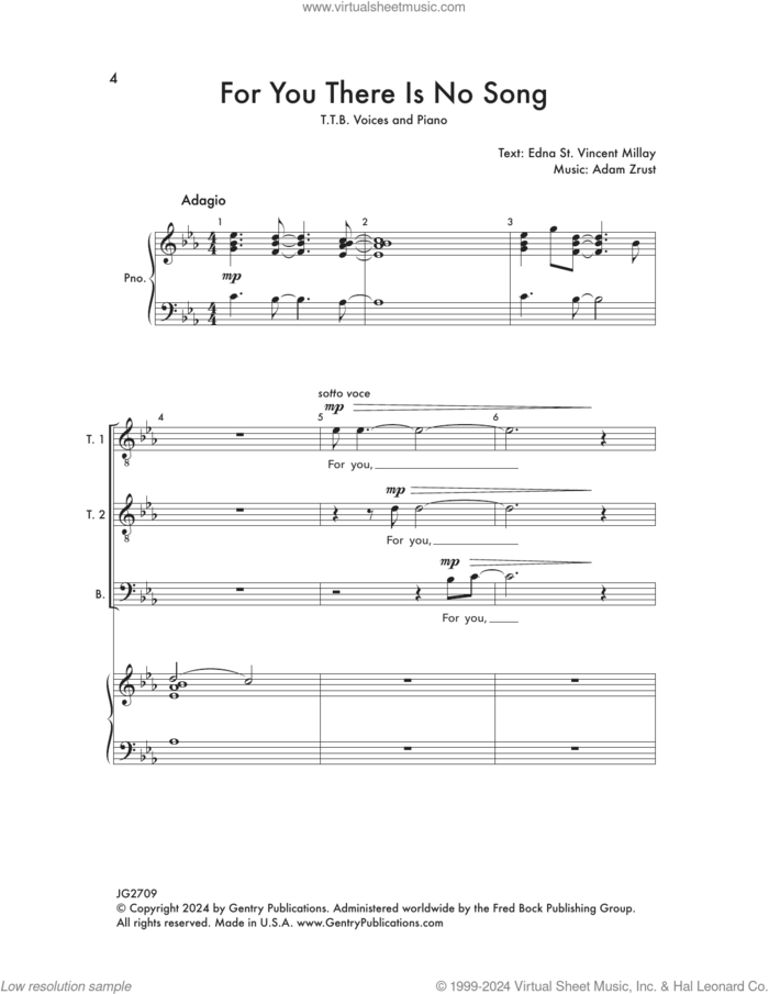 For You There Is No Song sheet music for choir (TTBBB) by Adam Zrust and Edna St. Vincent Millay, intermediate skill level