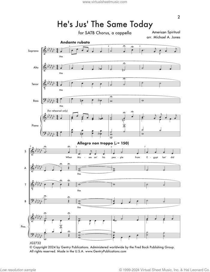 He's Jus' The Same Today sheet music for choir (SATB: soprano, alto, tenor, bass) by Michael A. Jones, intermediate skill level