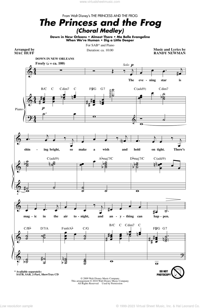 The Princess And The Frog (Choral Medley) sheet music for choir (SAB: soprano, alto, bass) by Randy Newman and Mac Huff, intermediate skill level