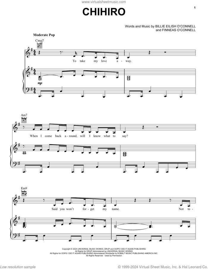 CHIHIRO sheet music for voice, piano or guitar by Billie Eilish, intermediate skill level