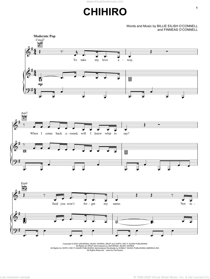 CHIHIRO sheet music for voice, piano or guitar by Billie Eilish, intermediate skill level