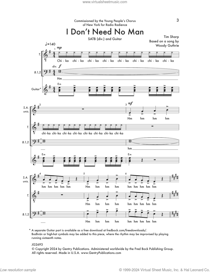 I Don't Need No Man sheet music for choir (SATB Divisi) by Tim Sharp and Woody Guthrie, intermediate skill level