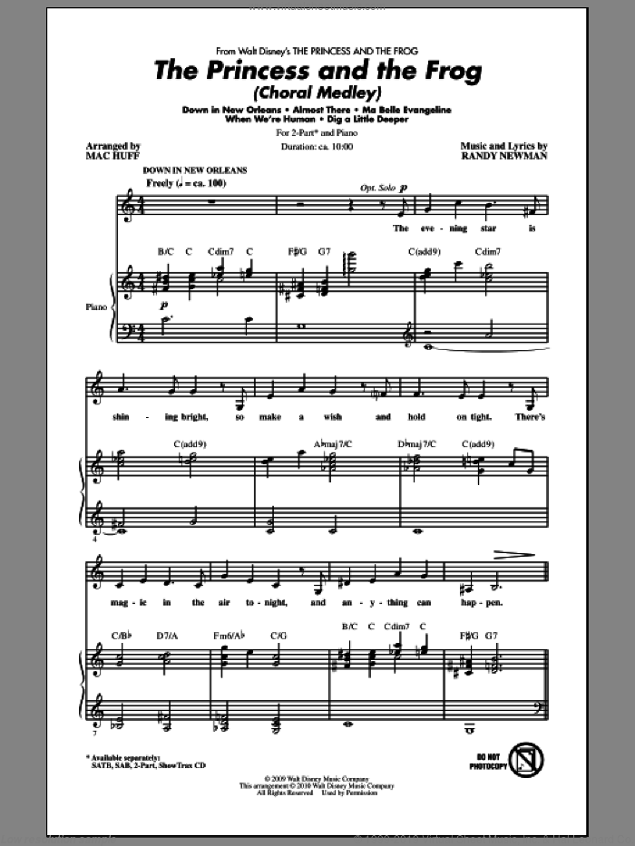 The Princess And The Frog (Choral Medley) sheet music for choir (2-Part) by Randy Newman and Mac Huff, intermediate duet