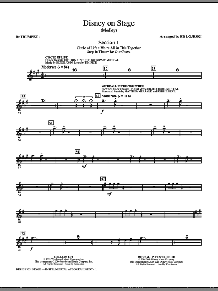 Disney On Stage (Medley) (complete set of parts) sheet music for orchestra/band by Ed Lojeski, intermediate skill level