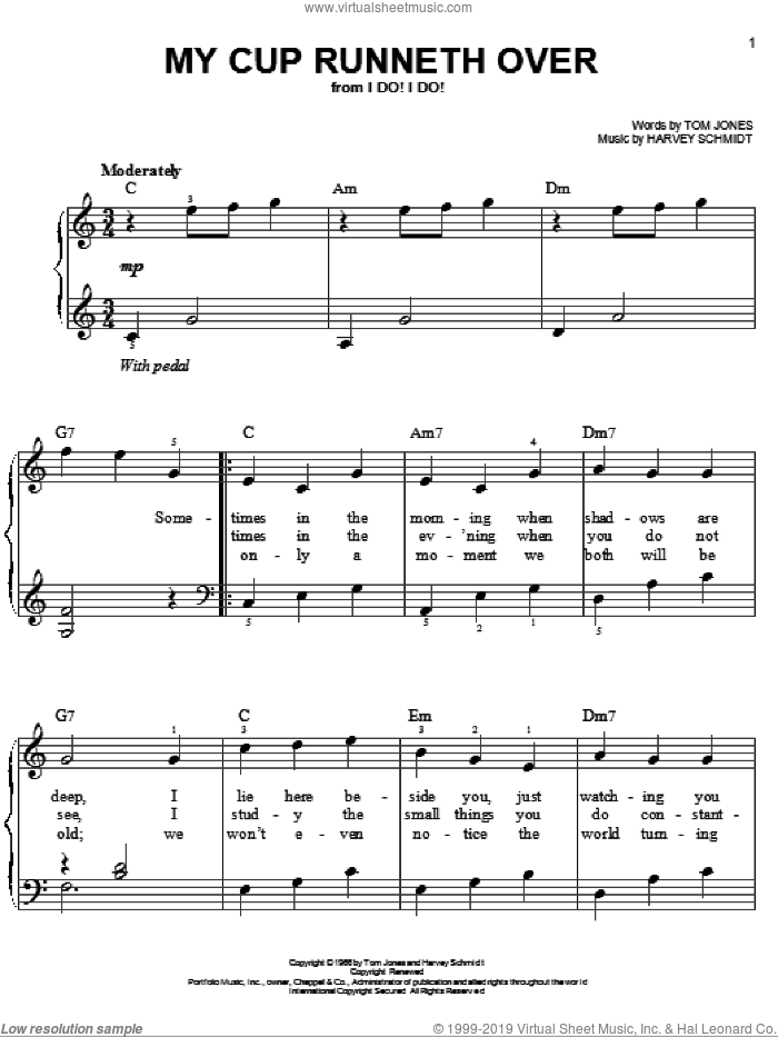My Cup Runneth Over, (easy) sheet music for piano solo by Ed Ames, Harvey Schmidt and Tom Jones, wedding score, easy skill level