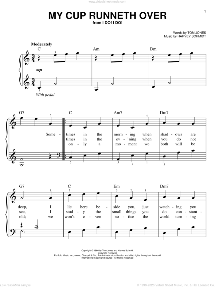 My Cup Runneth Over, (easy) sheet music for piano solo by Ed Ames, Harvey Schmidt and Tom Jones, wedding score, easy skill level