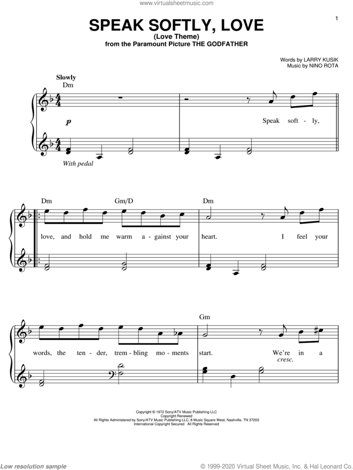 Speak Softly, Love (Love Theme), (easy) sheet music for piano solo by Andy Williams, Larry Kusik and Nino Rota, easy skill level