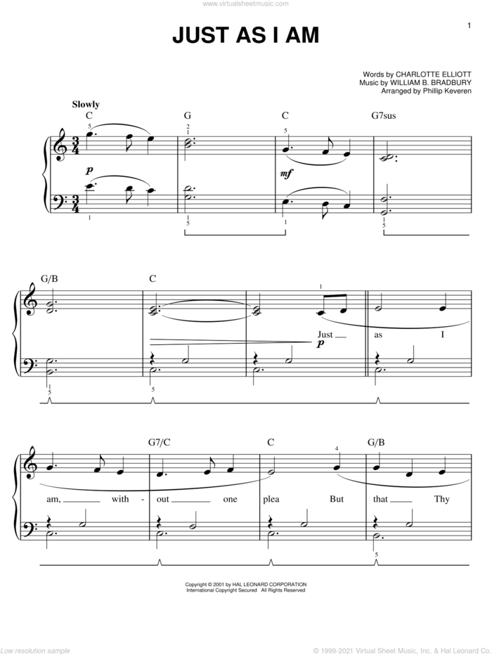 Just As I Am (arr. Phillip Keveren) sheet music for piano solo by Charlotte Elliott, Phillip Keveren and William B. Bradbury, easy skill level
