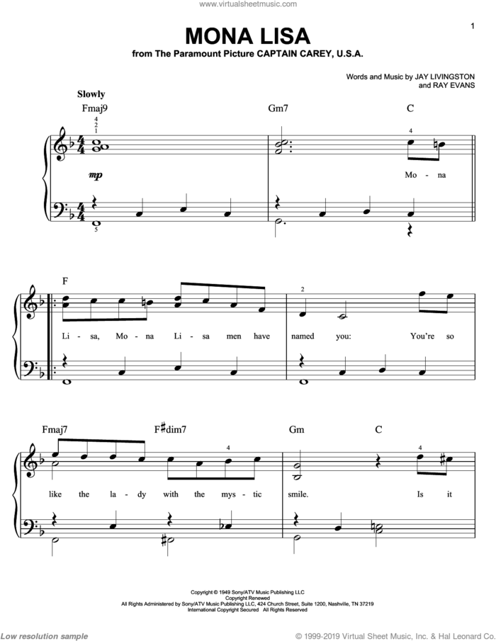 Mona Lisa, (easy) sheet music for piano solo by Nat King Cole, Jay Livingston and Ray Evans, easy skill level