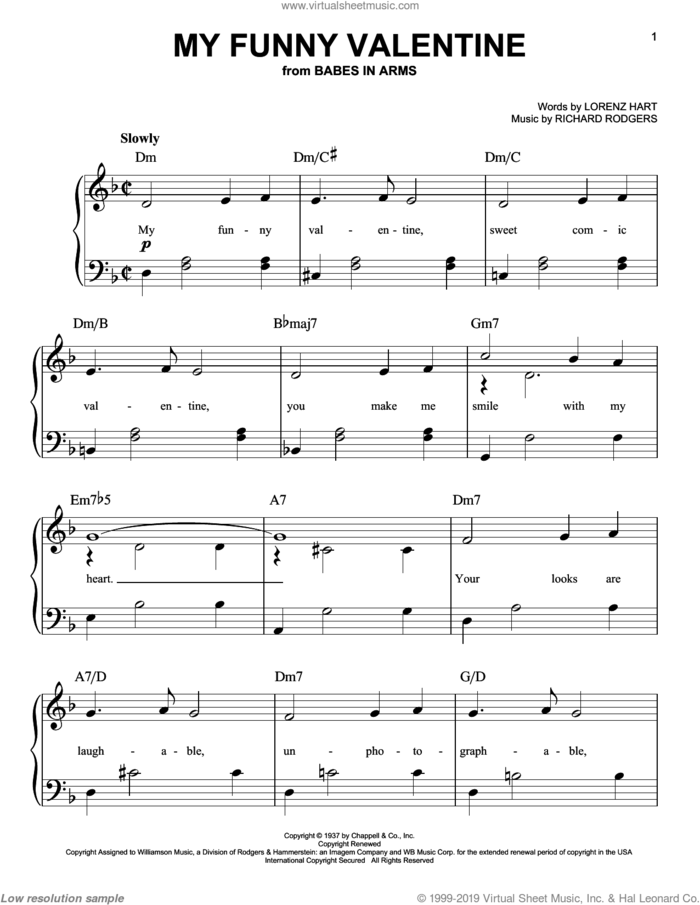 My Funny Valentine, (easy) sheet music for piano solo by Rodgers & Hart, Babes In Arms (Musical), Lorenz Hart and Richard Rodgers, easy skill level