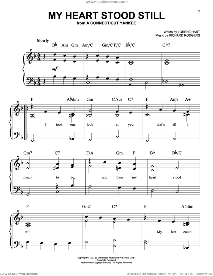 My Heart Stood Still sheet music for piano solo by Rodgers & Hart, Lorenz Hart and Richard Rodgers, easy skill level