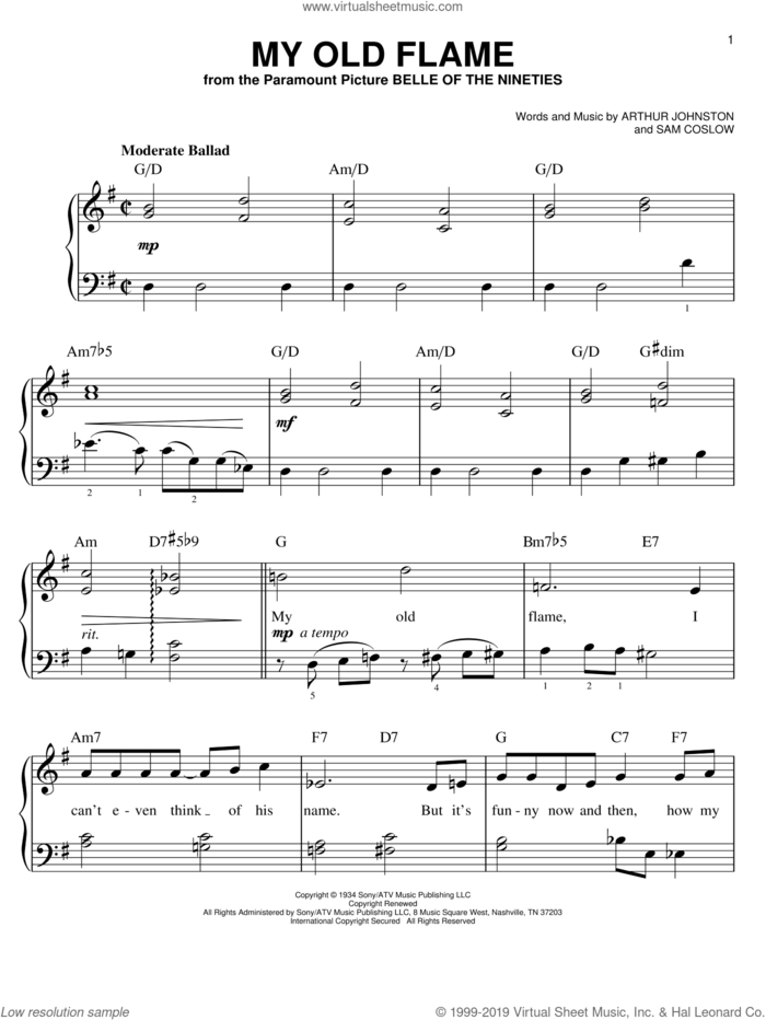 My Old Flame sheet music for piano solo by Peggy Lee, Arthur Johnston and Sam Coslow, easy skill level