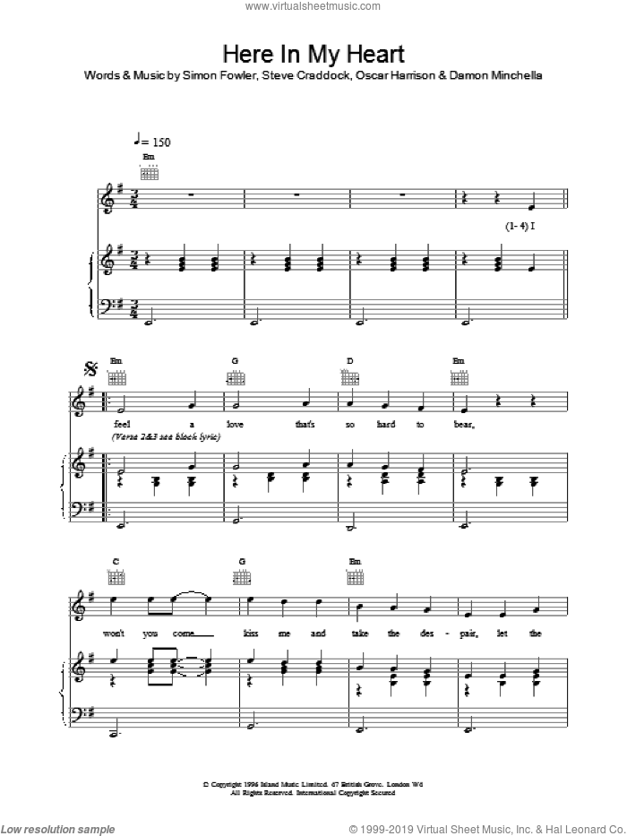 Here In My Heart sheet music for voice, piano or guitar by Ocean Colour Scene, Oscar Harrison, Simon Fowler and Steve Cradock, intermediate skill level