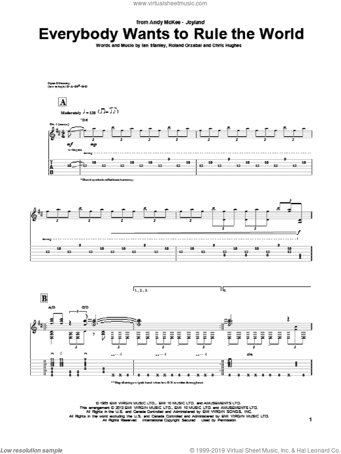 Everybody Wants To Rule The World sheet music for guitar (tablature) by Andy McKee, Tears For Fears, Chris Hughes, Ian Stanley and Roland Orzabal, intermediate skill level