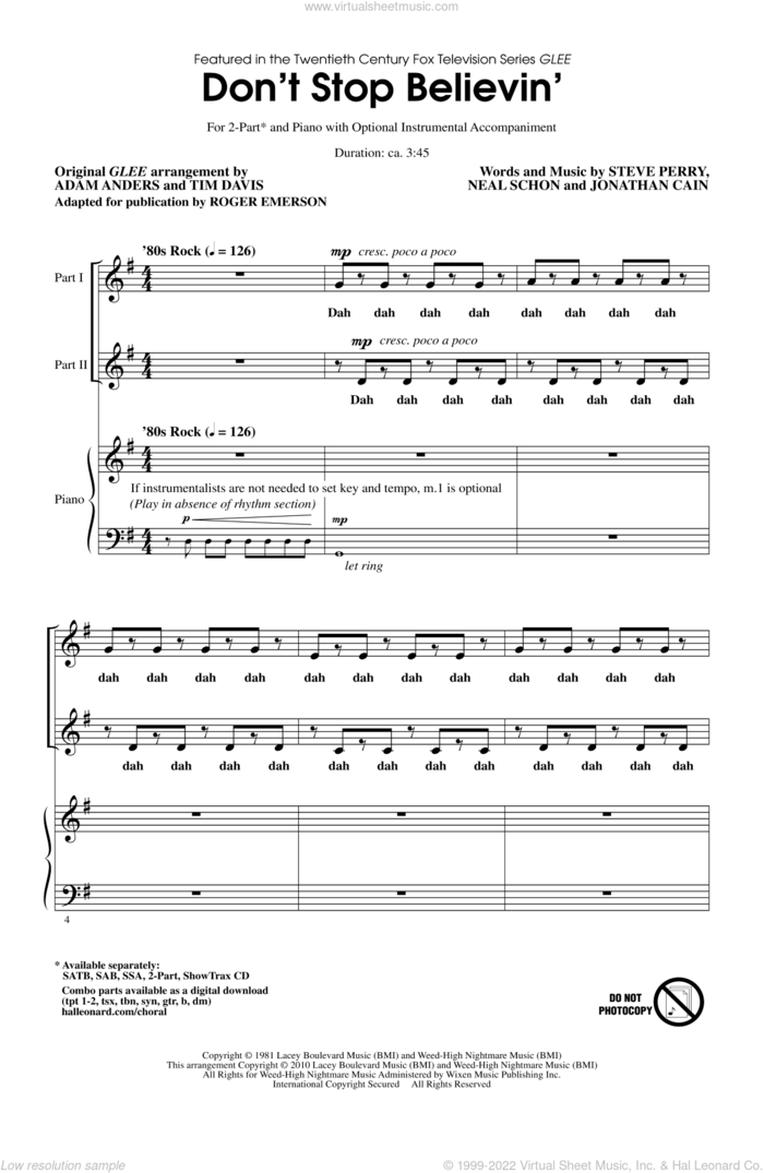 Don't Stop Believin' sheet music for choir (2-Part) by Steve Perry, Jonathan Cain, Neal Schon, Journey, Miscellaneous and Roger Emerson, intermediate duet