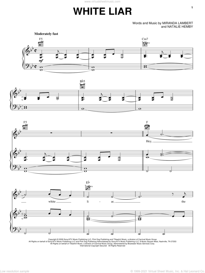 White Liar sheet music for voice, piano or guitar by Miranda Lambert and Natalie Hemby, intermediate skill level