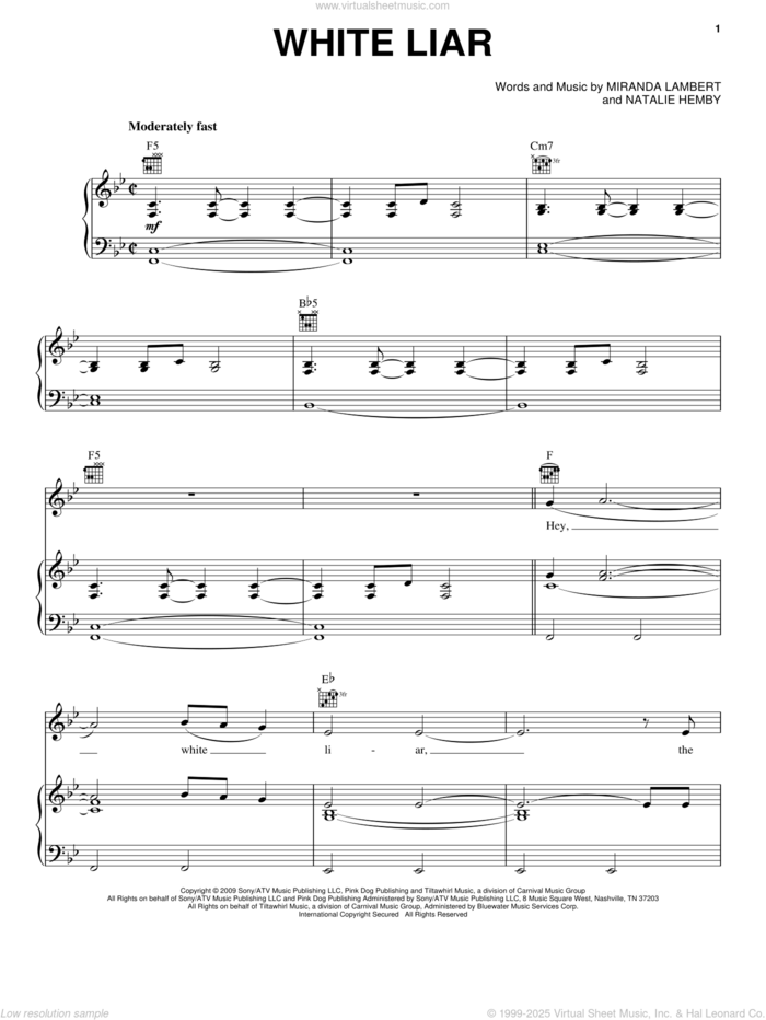 White Liar sheet music for voice, piano or guitar by Miranda Lambert and Natalie Hemby, intermediate skill level