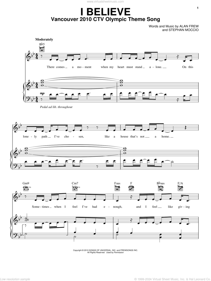 I Believe sheet music for voice, piano or guitar by Nikki Yanofsky, Alan Frew and Stephan Moccio, intermediate skill level