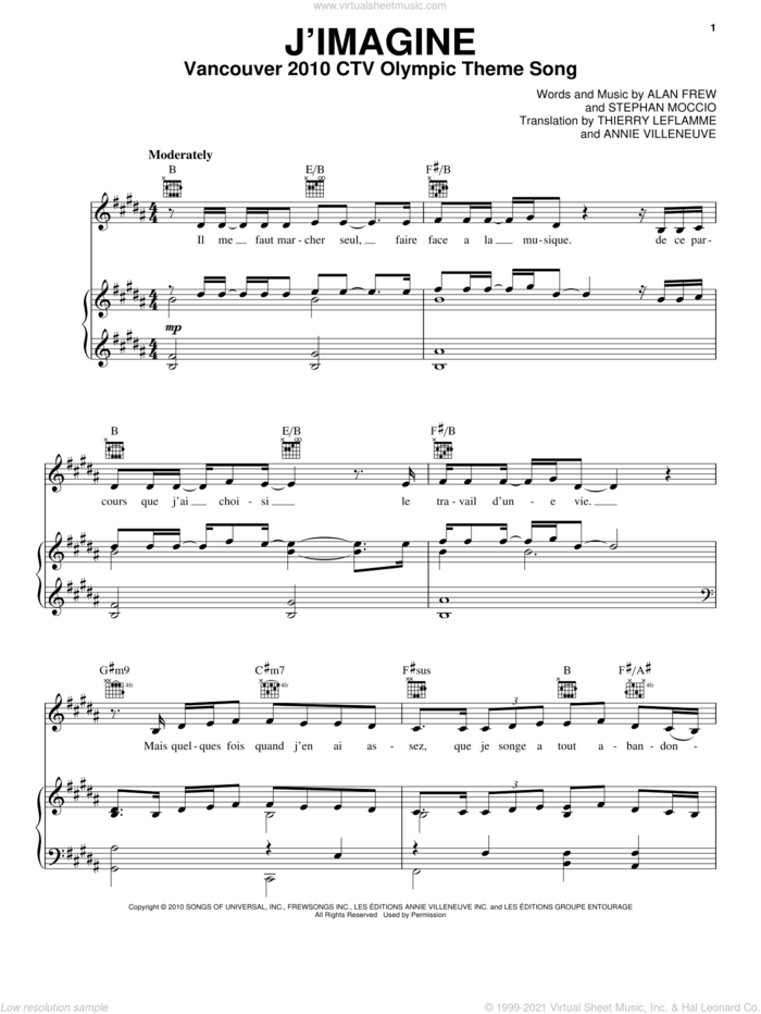 J'Imagine sheet music for voice, piano or guitar by Annie Villeneuve, Alan Frew, Stephan Moccio and Thierry Leflamme, intermediate skill level