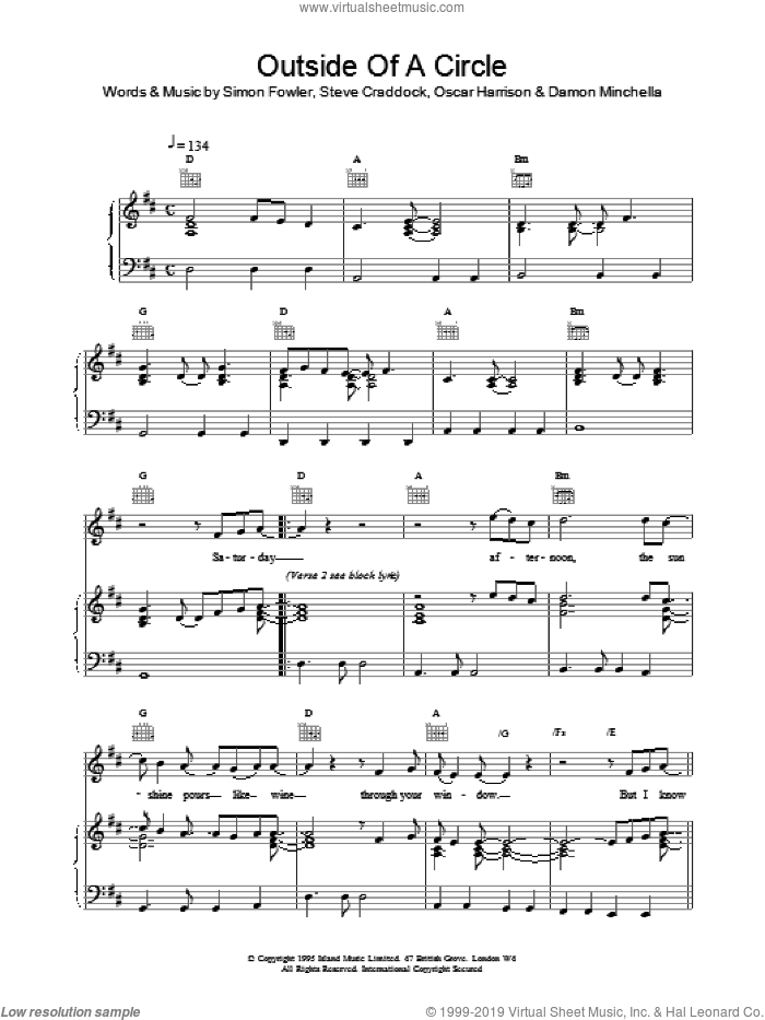 Outside Of A Circle sheet music for voice, piano or guitar by Ocean Colour Scene, Oscar Harrison, Simon Fowler and Steve Cradock, intermediate skill level